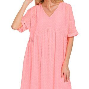 Zenana Bright Pink Swiss Dot V-Neck Babydoll Dress Boutique Dress NWOT